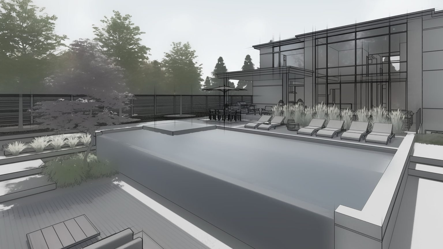 Sketch-style perspective view of a pool layout