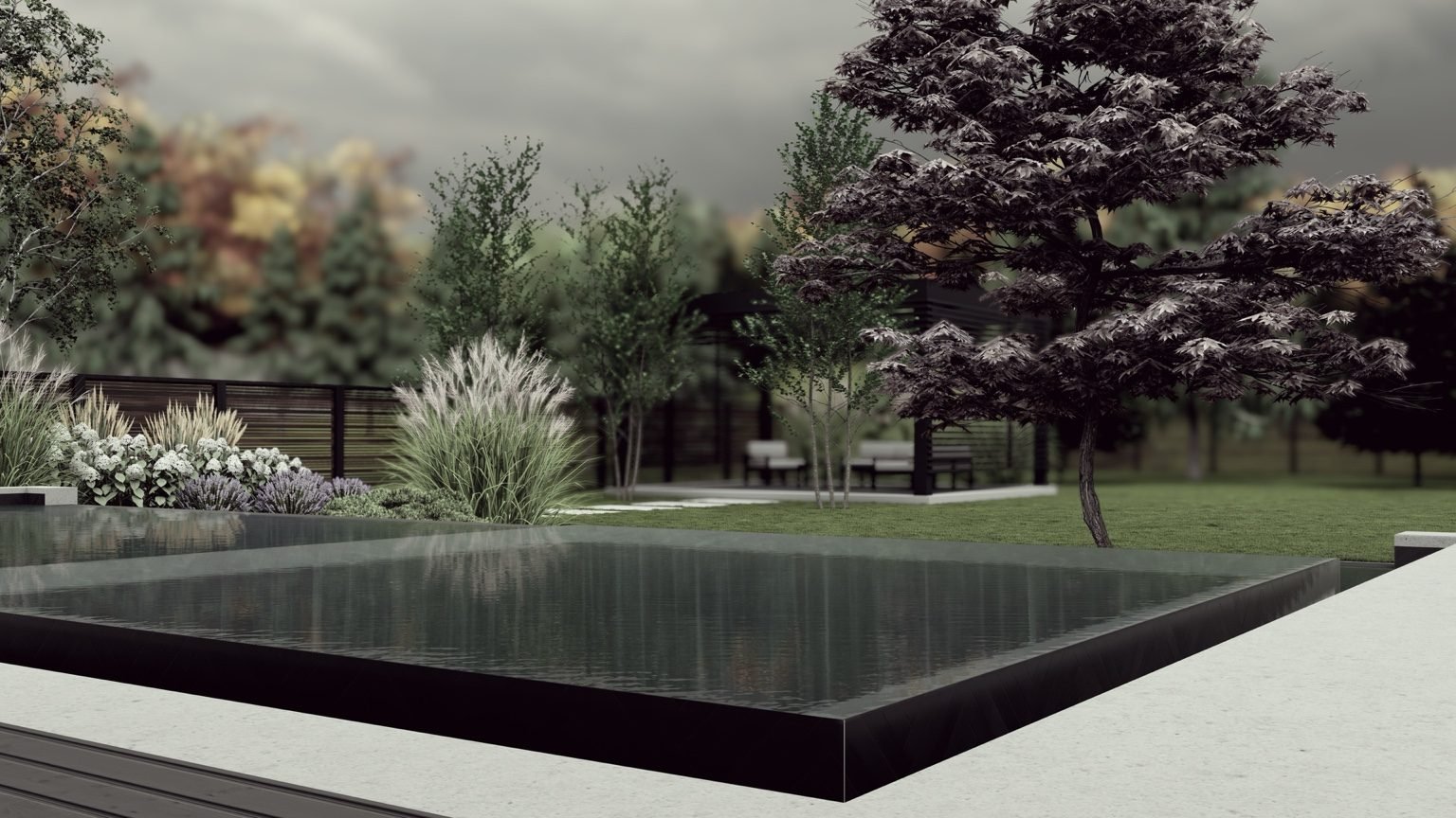 Modern backyard with pool at dusk